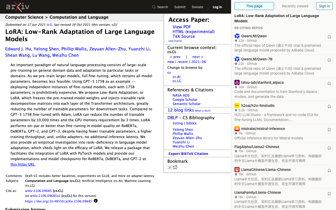 The Shadowgraph side panel next to the LoRA paper on arXiv, listing 99 GitHub repos that cite it