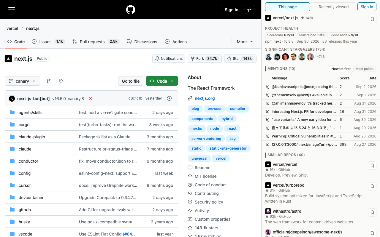 The Shadowgraph side panel next to vercel/next.js on GitHub, showing project health, significant stargazers, Hacker News, Reddit and X mentions, and similar repos