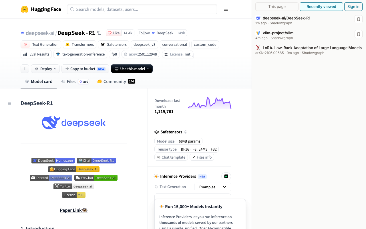The Shadowgraph side panel's Recently viewed tab next to deepseek-ai/DeepSeek-R1 on Hugging Face, listing recently viewed repos and papers